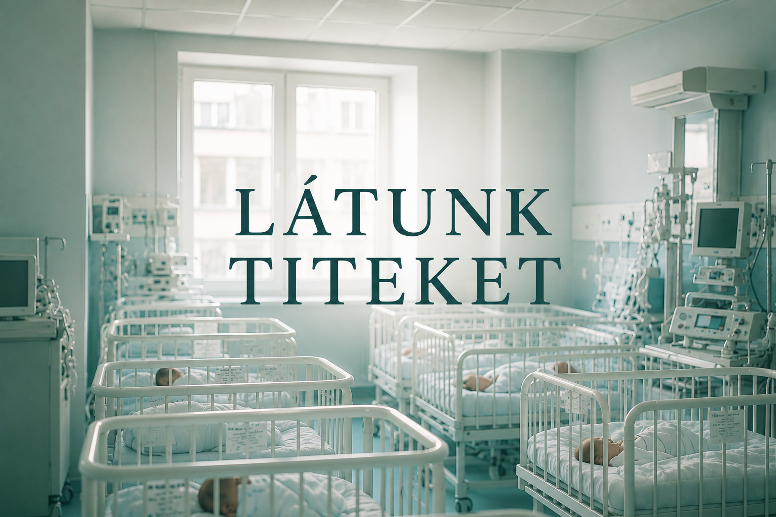 Kórházi csecsemőszoba rácsos ágyakkal, rajta a felirat: Látunk titeket. Illusztráció, a képmesterséges intelligenciával készült.